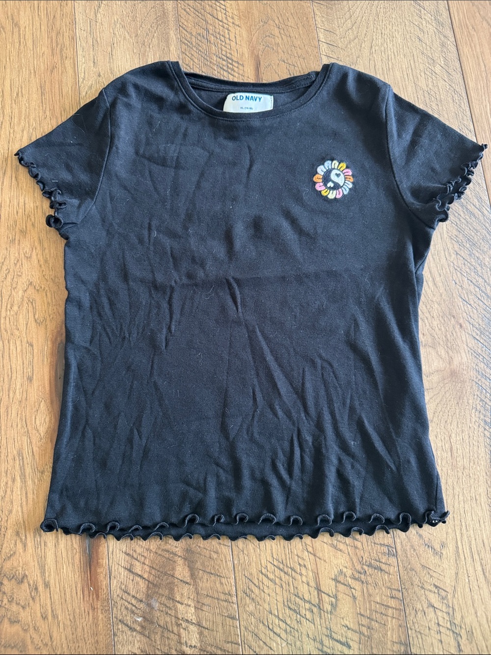 NWOT-Old Navy Black Short Sleeve Tee with Multicolor Heart Patch